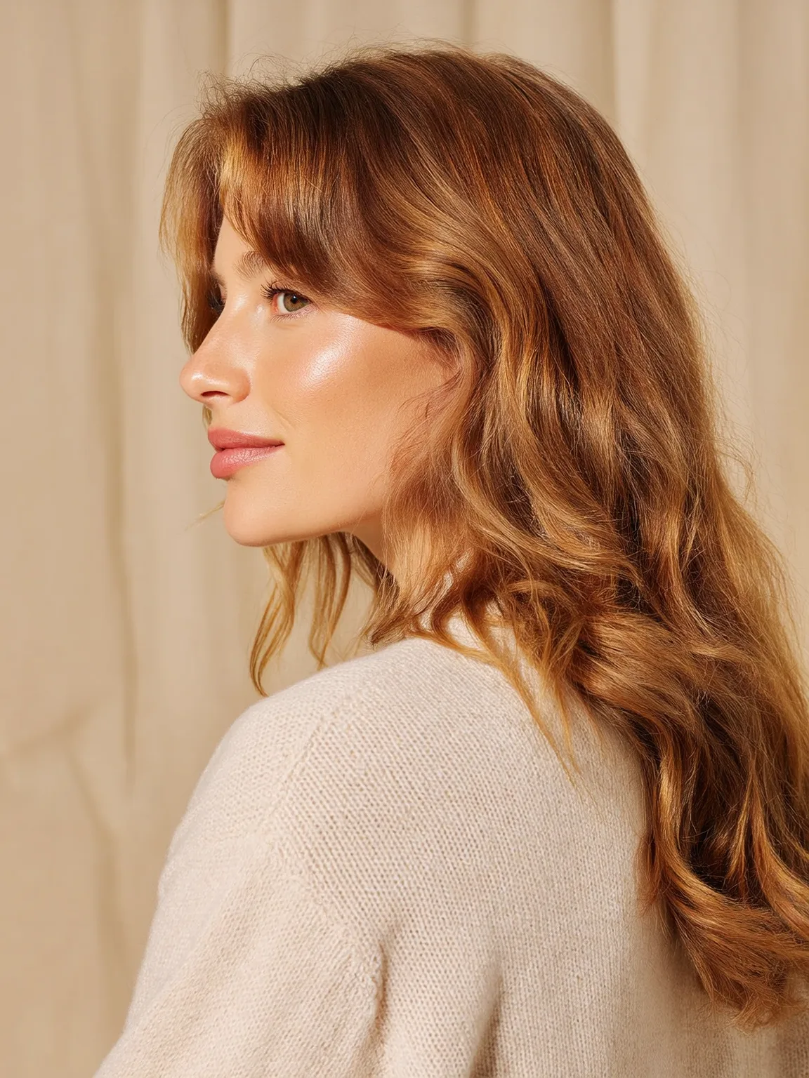 Golden Copper Long Waves with Curtain Bangs